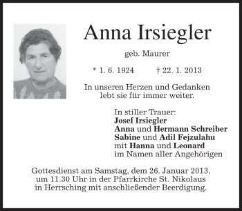 Traueranzeige von Anna Irsiegler von merkurtz