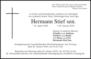 Traueranzeige von Hermann Stief von merkurtz