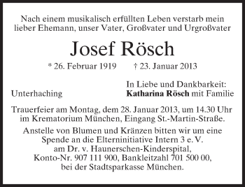 Traueranzeige von Josef Rösch von merkurtz