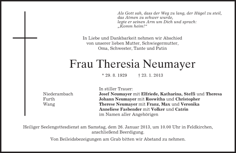  Traueranzeige für Theresia Neumayer vom 25.01.2013 aus merkurtz