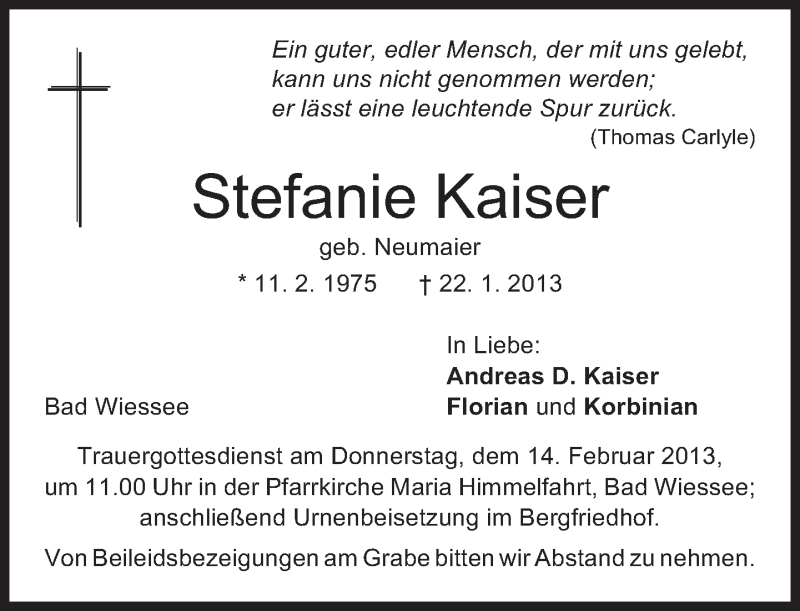  Traueranzeige für Stefanie Kaiser vom 26.01.2013 aus merkurtz