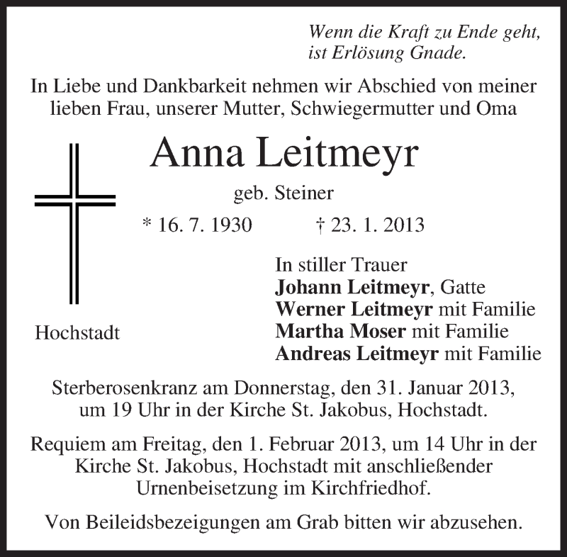  Traueranzeige für Anna Leitmeyr vom 29.01.2013 aus merkurtz