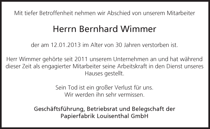  Traueranzeige für Bernhard Wimmer vom 30.01.2013 aus merkurtz