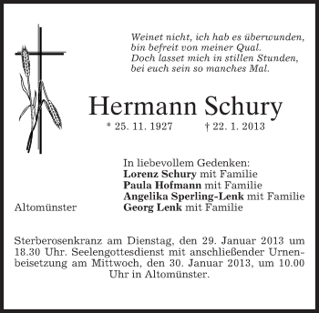 Traueranzeige von Hermann Schury von merkurtz