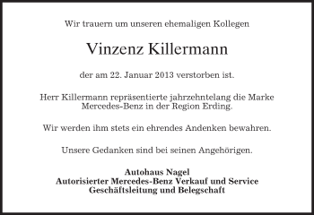 Traueranzeige von Vinzenz Killermann von merkurtz