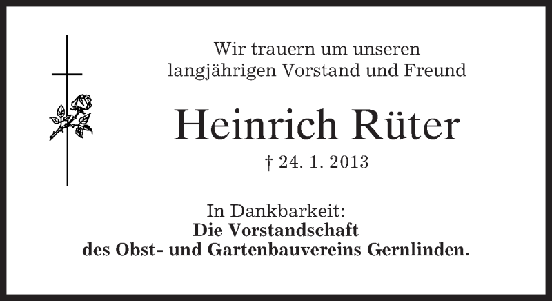  Traueranzeige für Heinrich Rüter vom 28.01.2013 aus merkurtz