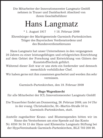 Traueranzeige von Hans Langmatz von MERKUR & TZ