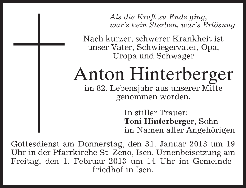  Traueranzeige für Anton Hinterberger vom 29.01.2013 aus merkurtz