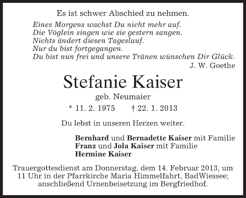  Traueranzeige für Stefanie Kaiser vom 02.02.2013 aus merkurtz