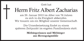 Traueranzeige von Fritz Albert  Zacharias von merkurtz