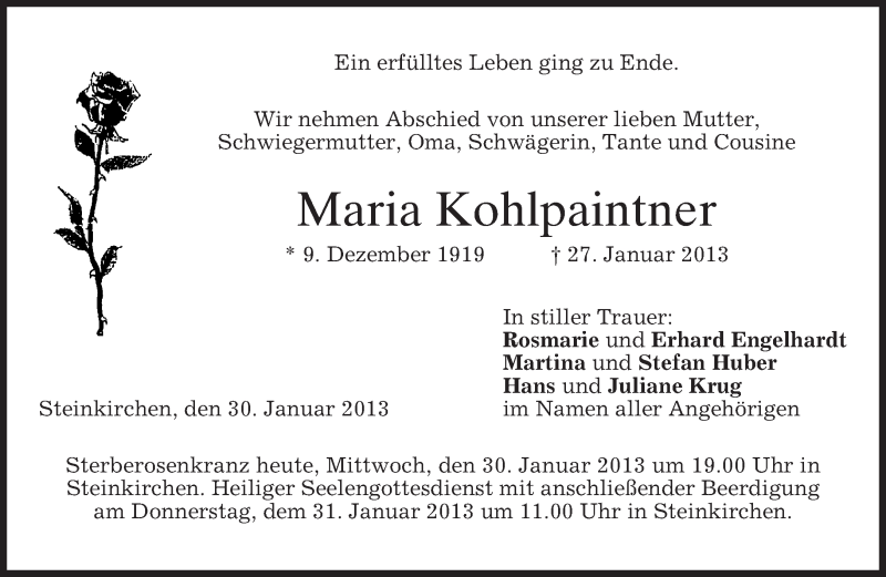  Traueranzeige für Maria Kohlpaintner vom 30.01.2013 aus merkurtz