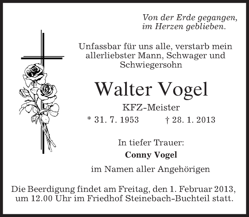  Traueranzeige für Walter Vogel vom 30.01.2013 aus merkurtz