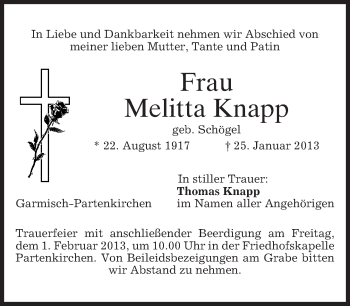 Traueranzeige von Melitta Knapp von merkurtz