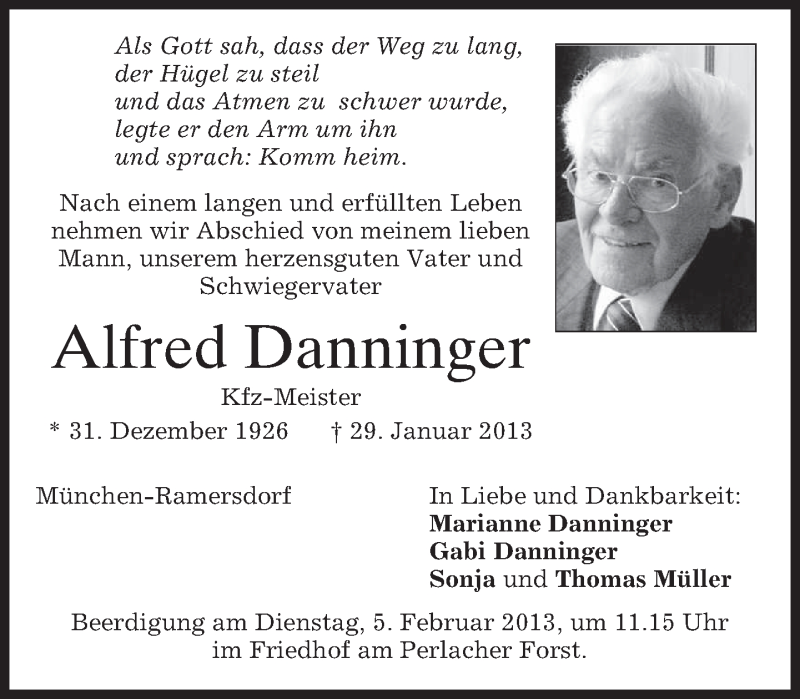  Traueranzeige für Alfred Danninger vom 02.02.2013 aus merkurtz
