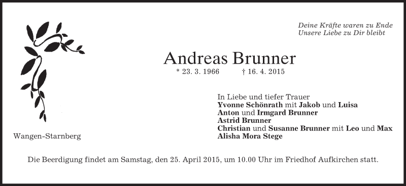  Traueranzeige für Andreas Brunner vom 23.04.2015 aus merkurtz