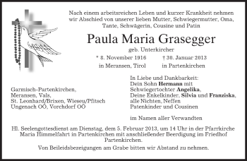 Traueranzeige von Paula Maria Grasegger von merkurtz