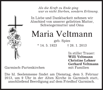 Traueranzeige von Maria Veltmann von merkurtz