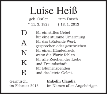 Traueranzeige von Luise Heiß von merkurtz