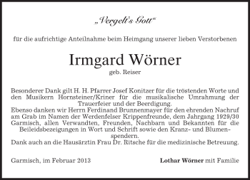 Traueranzeige von Irmgard Wörner von merkurtz