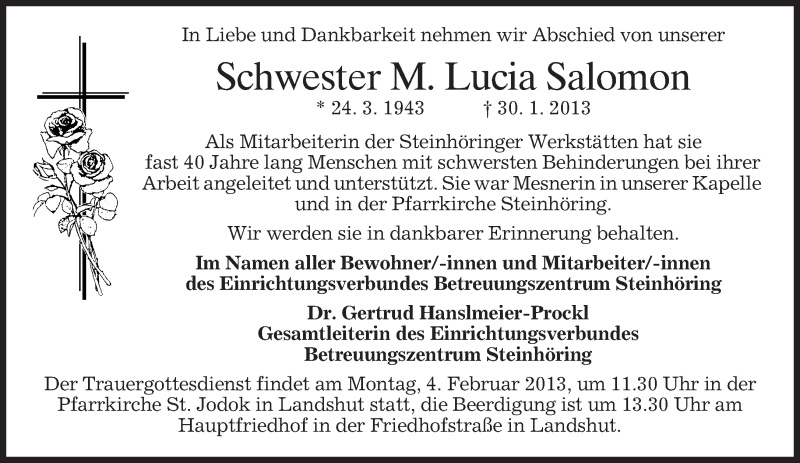  Traueranzeige für Lucia Salomon vom 02.02.2013 aus merkurtz