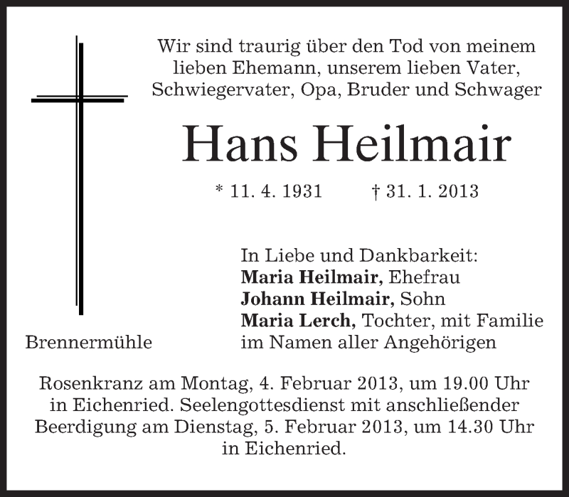  Traueranzeige für Hans Heilmair vom 02.02.2013 aus merkurtz