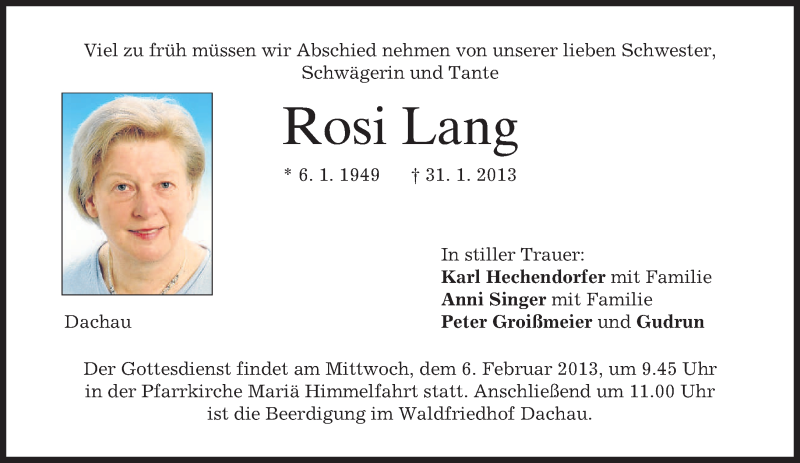  Traueranzeige für Rosi Lang vom 02.02.2013 aus merkurtz