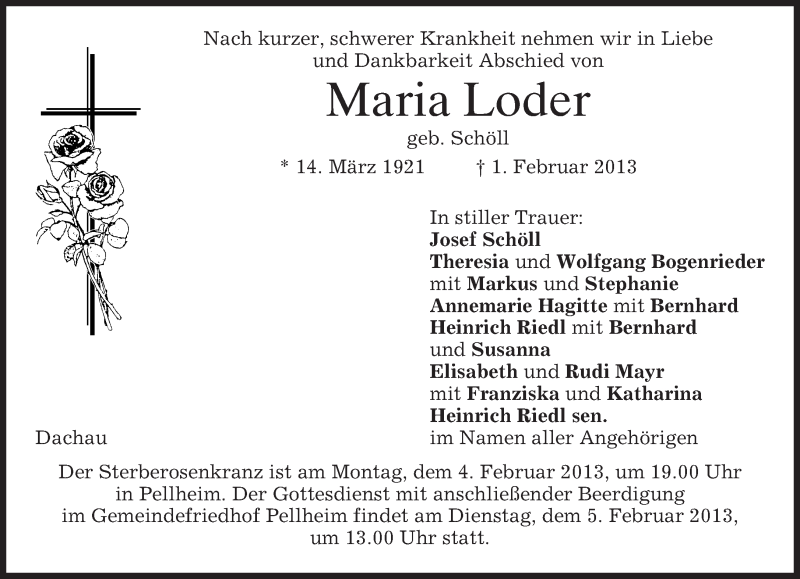  Traueranzeige für Maria Loder vom 02.02.2013 aus merkurtz