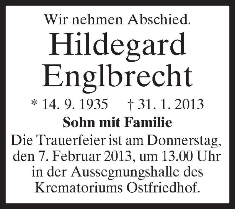  Traueranzeige für Hildegard Englbrecht vom 02.02.2013 aus merkurtz