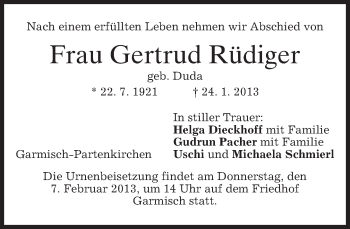 Traueranzeige von Gertrud Rüdiger von merkurtz