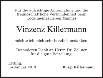 Traueranzeige von Vinzenz Killermann von merkurtz