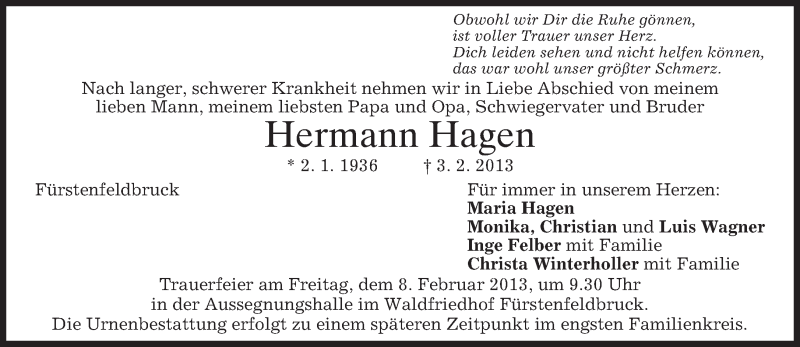  Traueranzeige für Hermann Hagen vom 05.02.2013 aus merkurtz