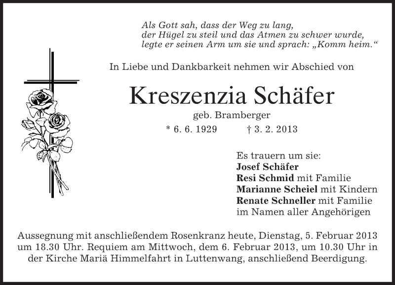  Traueranzeige für Kreszenzia Schäfer vom 05.02.2013 aus merkurtz