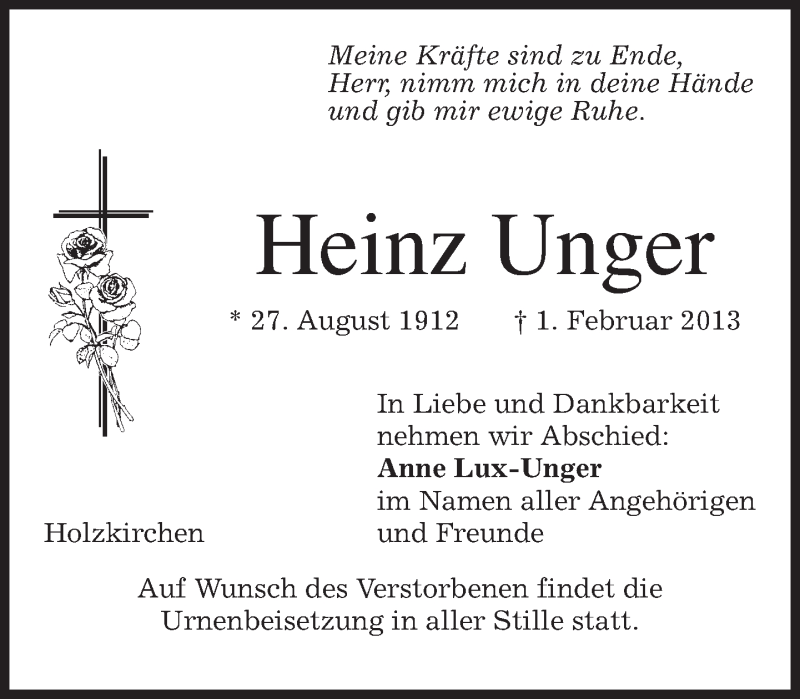  Traueranzeige für Heinz Unger vom 06.02.2013 aus merkurtz