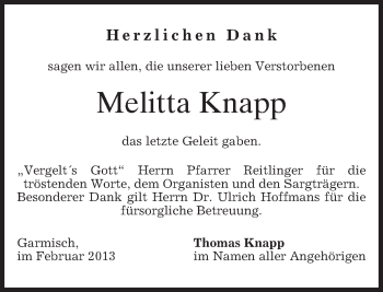 Traueranzeige von Melitta Knapp von merkurtz
