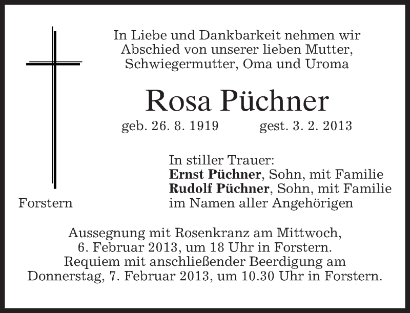  Traueranzeige für Rosa Püchner vom 05.02.2013 aus merkurtz