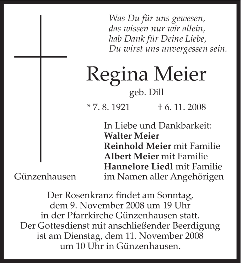  Traueranzeige für Regina Meier vom 08.11.2008 aus MERKUR & TZ