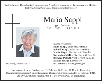 Traueranzeige von Maria Sappl von merkurtz