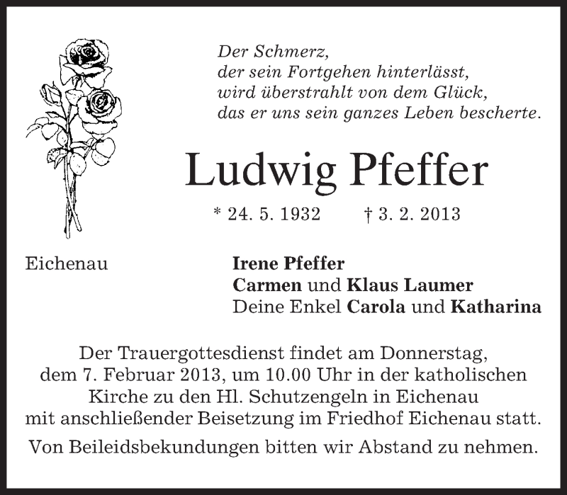  Traueranzeige für Ludwig Pfeffer vom 06.02.2013 aus merkurtz