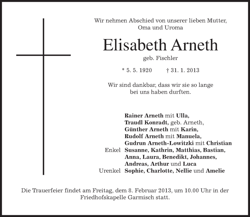  Traueranzeige für Elisabeth Arneth vom 06.02.2013 aus merkurtz