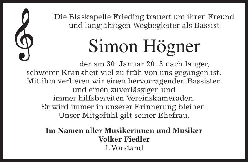  Traueranzeige für Simon Högner vom 06.02.2013 aus merkurtz