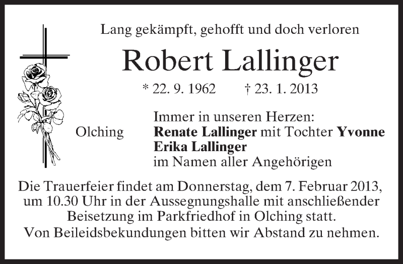  Traueranzeige für Robert Lallinger vom 06.02.2013 aus merkurtz