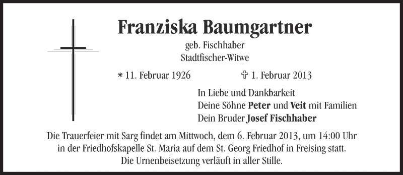  Traueranzeige für Franziska Baumgartner vom 06.02.2013 aus merkurtz