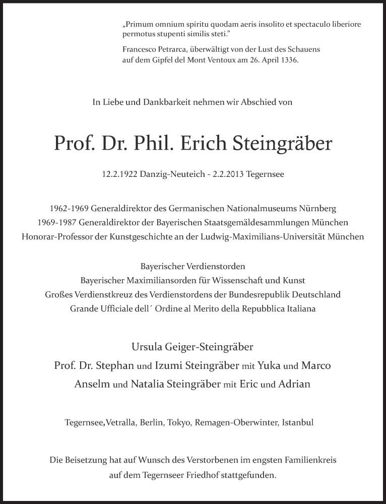  Traueranzeige für Erich Steingräber vom 12.02.2013 aus merkurtz