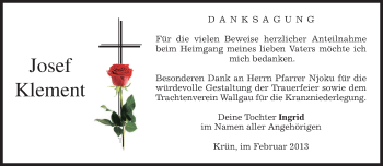 Traueranzeige von Josef Klement von merkurtz