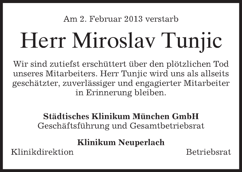  Traueranzeige für Miroslav Tunjic vom 06.02.2013 aus merkurtz