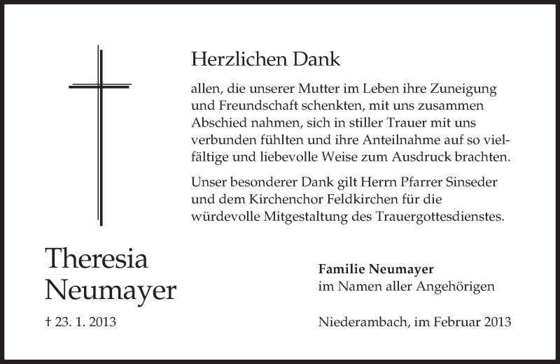  Traueranzeige für Theresia Neumayer vom 07.02.2013 aus merkurtz