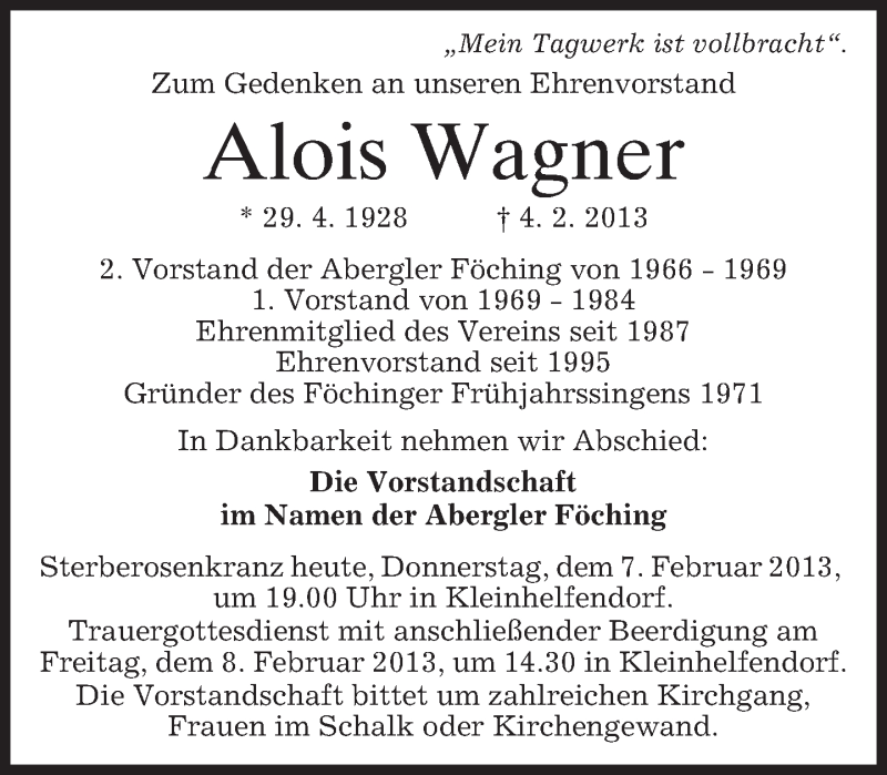  Traueranzeige für Alois Wagner vom 07.02.2013 aus merkurtz