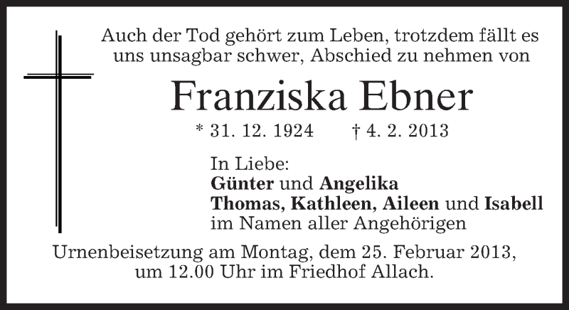  Traueranzeige für Franziska Ebner vom 21.02.2013 aus merkurtz