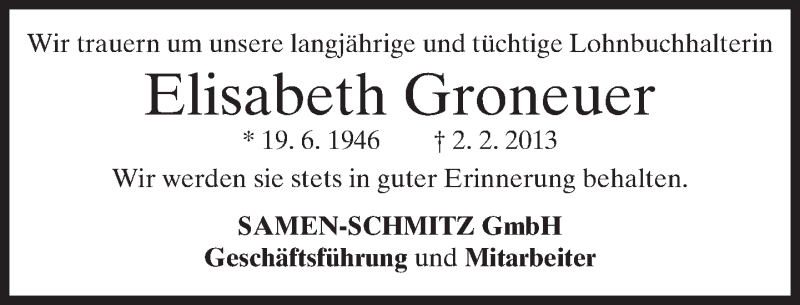  Traueranzeige für Elisabeth Groneuer vom 09.02.2013 aus merkurtz
