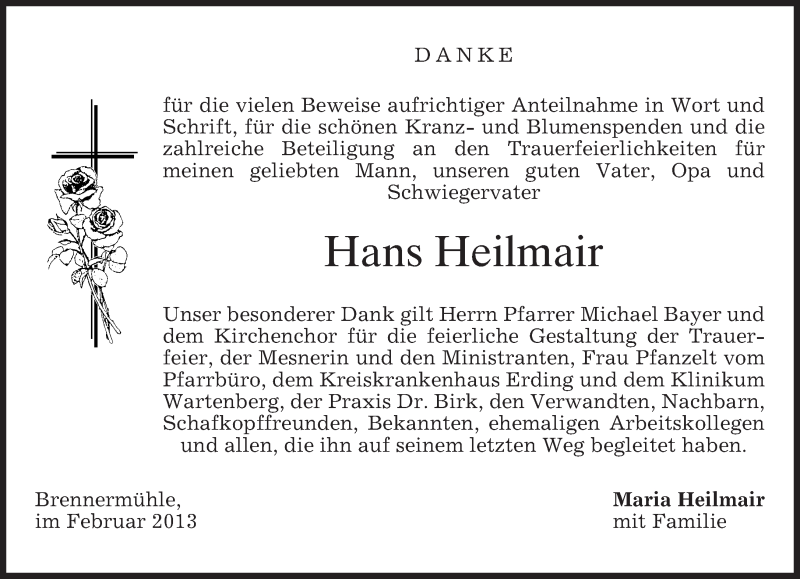  Traueranzeige für Hans Heilmair vom 09.02.2013 aus merkurtz